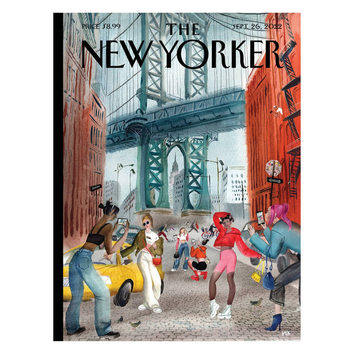 The September 26, 2022 issue of The New Yorker magazine cover, featuring an illustration of a city street scene with the Manhattan Bridge in the background and several people walking and interacting, with yellow cabs and red-orange buildings.