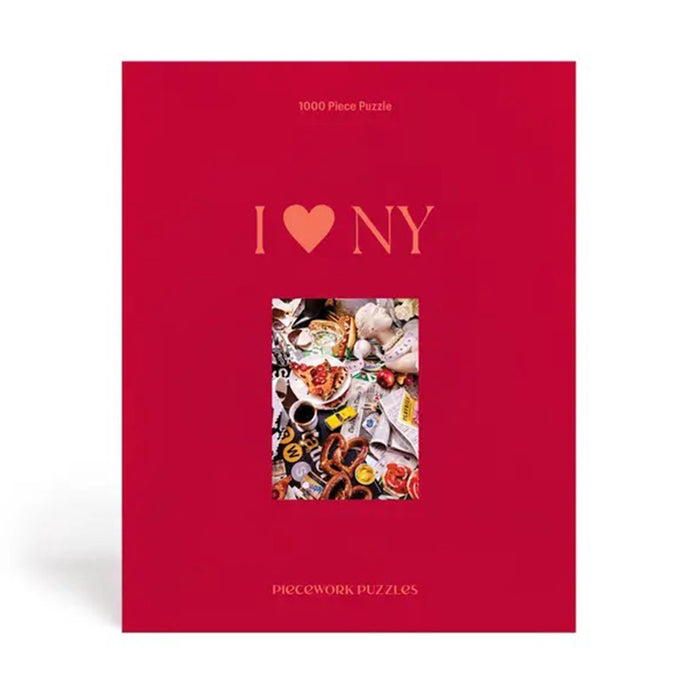 Piecework puzzles I heart NY 1000 piece NYC themed jigsaw puzzle in red box, front view.