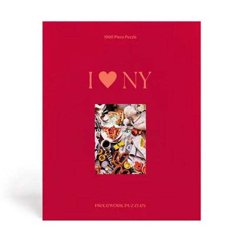 Piecework puzzles I heart NY 1000 piece NYC themed jigsaw puzzle in red box, front view.