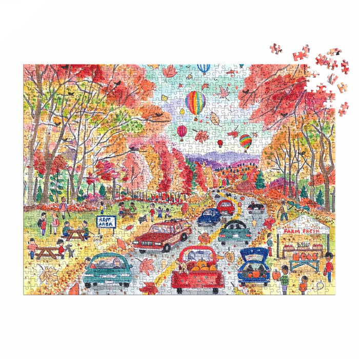 Colorful puzzle with a fall park scene featuring cars, people, and trees.
