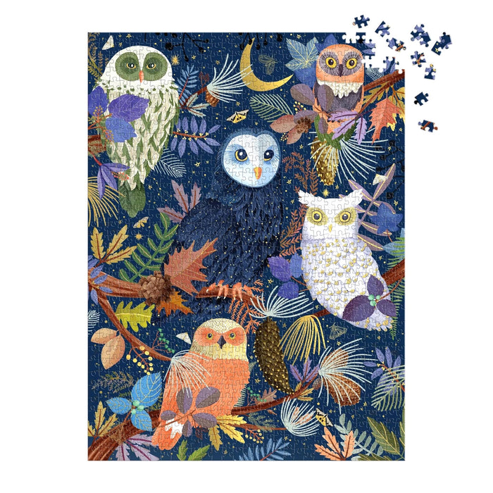 Jigsaw puzzle with colorful owl design on a blue background, shown almost complete on a plain white background.