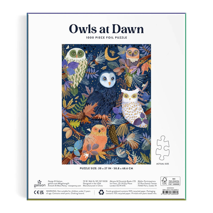 Back of a 1000-piece jigsaw puzzle box titled 'Owls at Dawn' by Galison. The box shows a colorful owl image along with puzzle dimensions and other info, on a  plain white background.