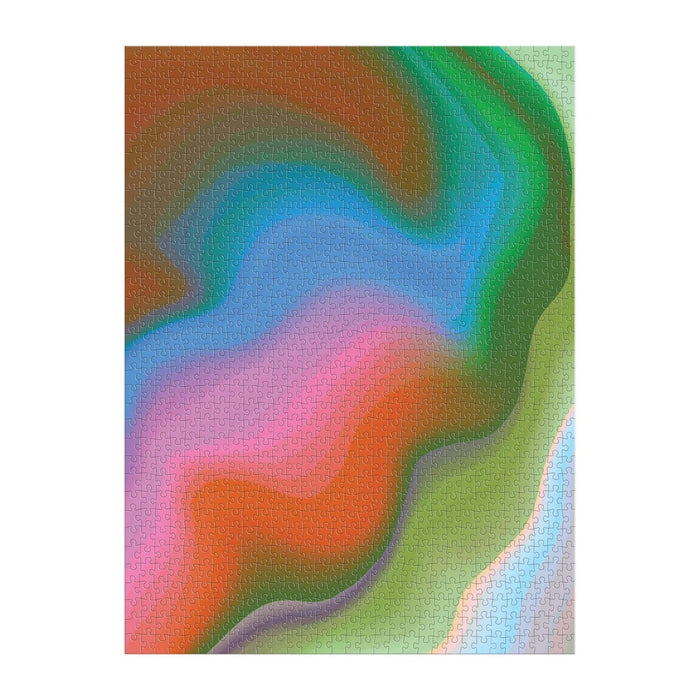 Completed jigsaw puzzle with a colorful abstract pattern on a white background.