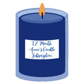 Illustration of a blue candle with a white label that says "12 month annie's candle subscription".