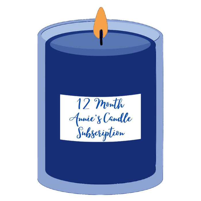 Illustration of a blue candle with a white label that says "12 month annie's candle subscription".
