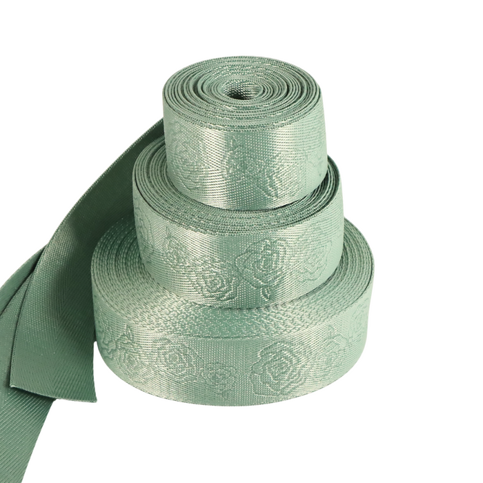 1.5" Pastel Green Debossed Roses | Webbing - 3, 5, or 10 Yard Cut