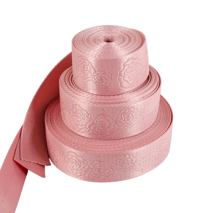 1.5" Quartz Pink Debossed Roses | Webbing - 3, 5, or 10 Yard Cut