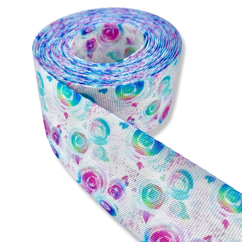 1.5" Rainbow Watercolor Roses | Coordinate Seatbelt Webbing - 3, 5, or 10 Yard Cut