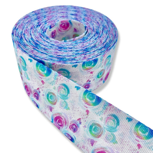 1.5" Rainbow Watercolor Roses | Coordinate Seatbelt Webbing - 3, 5, or 10 Yard Cut