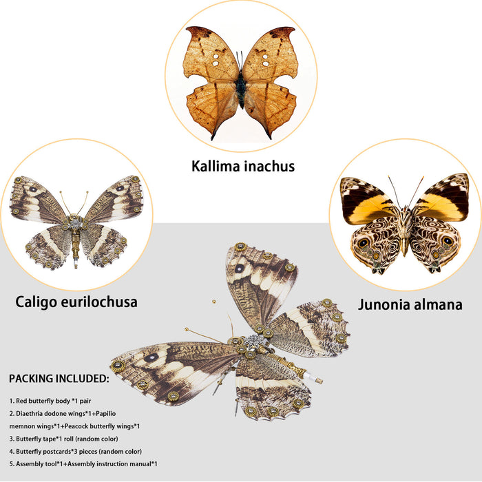 200PCS+ Steampunk Metal Assembly Butterfly Caligo Eurilochusa, Kallima Inachus & Junonia Almana
