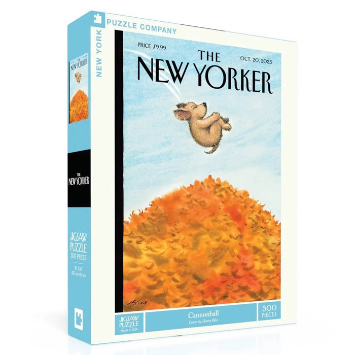 A 300-piece jigsaw puzzle box featuring The New Yorker cover art from October 20, 2025. The box is light blue and white, with an illustration of dog flying above a pile of orange and yellow autumn leaves under a pale blue sky. The box is sitting on an angle on a plain white background.