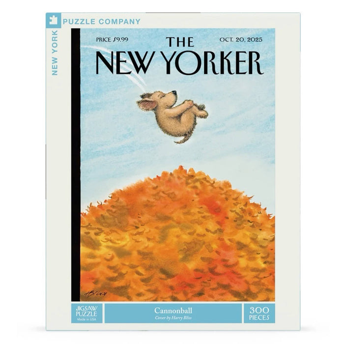 A 300-piece jigsaw puzzle box featuring The New Yorker cover art from October 20, 2025. The box is light blue and white, with an illustration of dog flying above a pile of orange and yellow autumn leaves under a pale blue sky. The box is sitting on a plain white background.