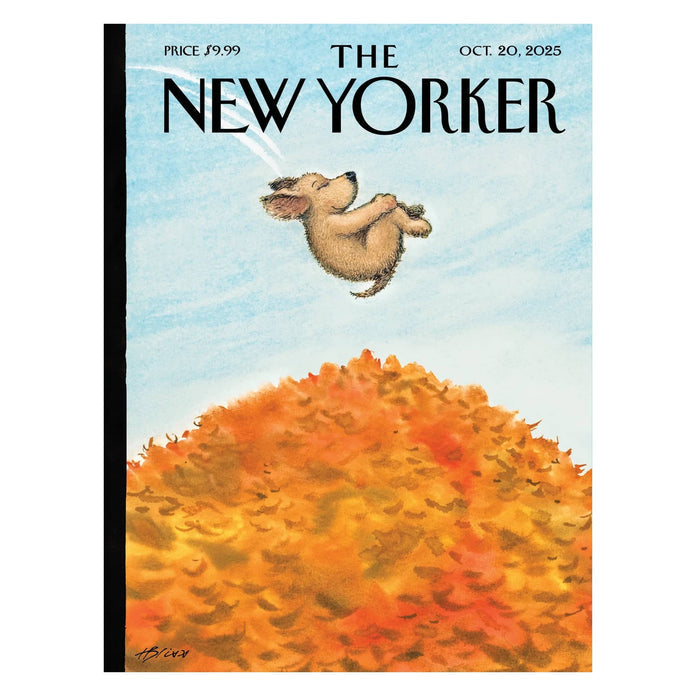 The New Yorker magazine cover, October 20, 2025, featuring a watercolor-style illustration of a small dog jumping over a mound of orange and yellow autumn leaves against a light blue sky. The title 'THE NEW YORKER' is printed at the top, with the price shown at the upper left.