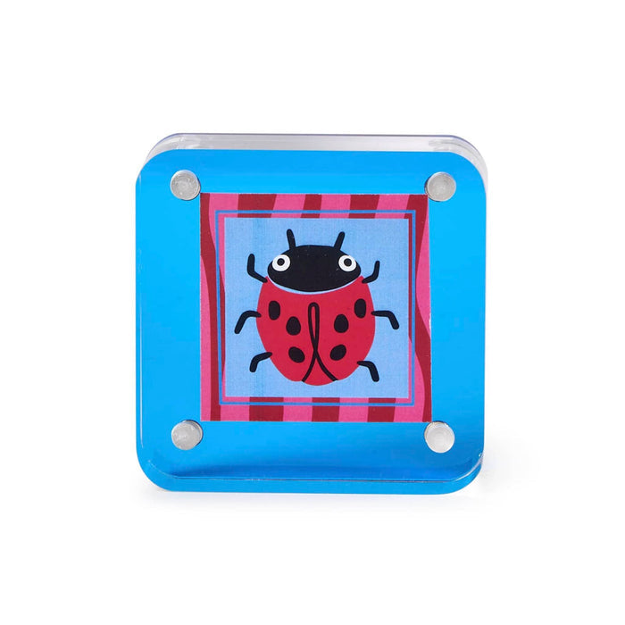Small blue square acrylic frame with a ladybug design insert, on a white background.