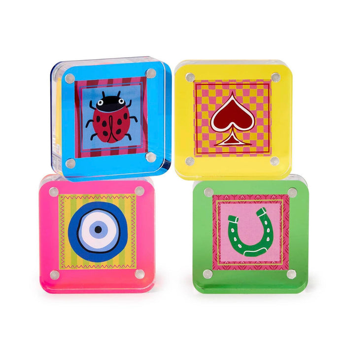 Four colorful square acrylic frames with different designs on a white background.