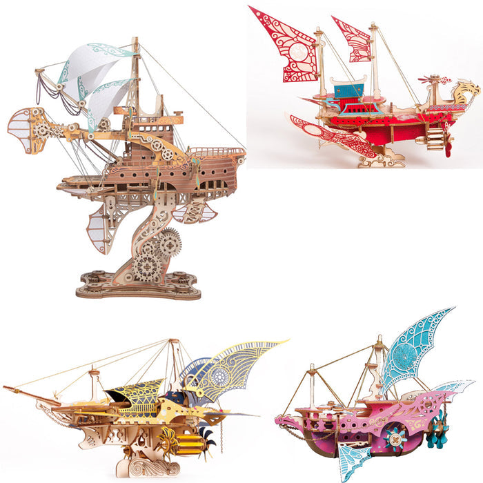 4pcs/ Set DIY Fantasy Steampunk Spaceship 3D Wooden Puzzle Toy