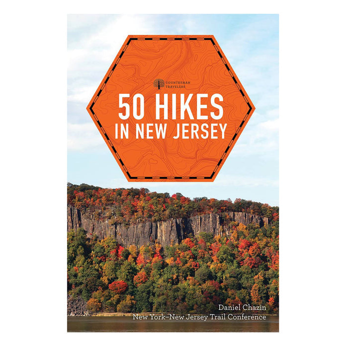 Book cover of '50 Hikes in New Jersey' with an orange hexagonal logo and a scenic view of trees.