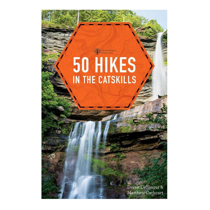 Book cover of '50 Hikes in the Catskills' with a waterfall and hiking trail in the background.