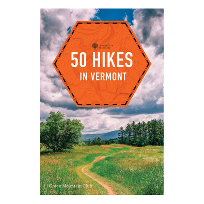 Book cover of '50 Hikes in Vermont' with an orange hexagonal logo and scenic background.