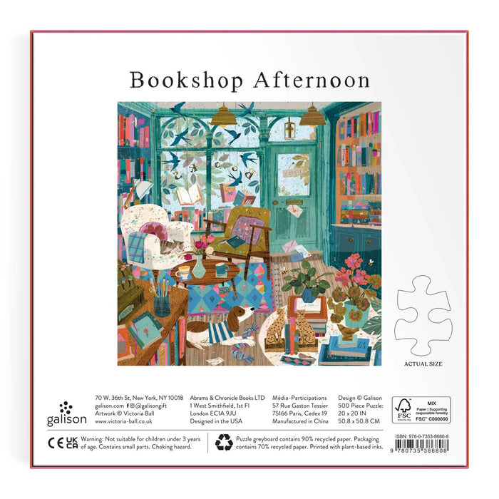 Puzzle box back cover with 'Bookshop Afternoon' illustration and Galison branding.