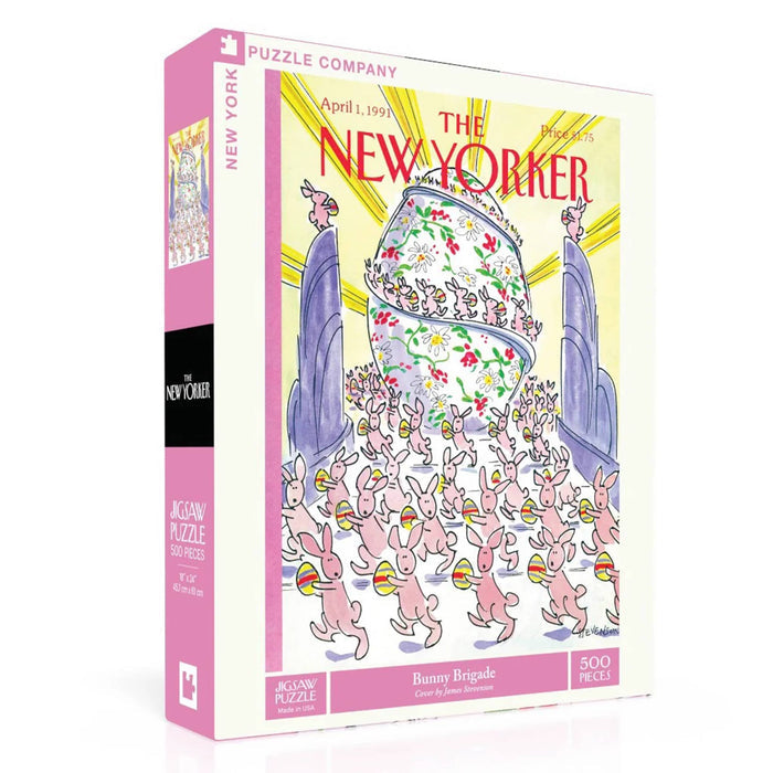500 piece bunny brigade the new yorker cover jigsaw puzzle in box packaging, front angle view, on a white background.