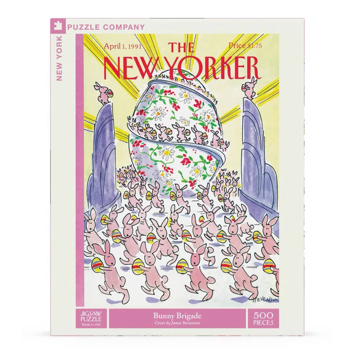 500 piece bunny brigade the new yorker cover jigsaw puzzle in box packaging, front view, on a white background.