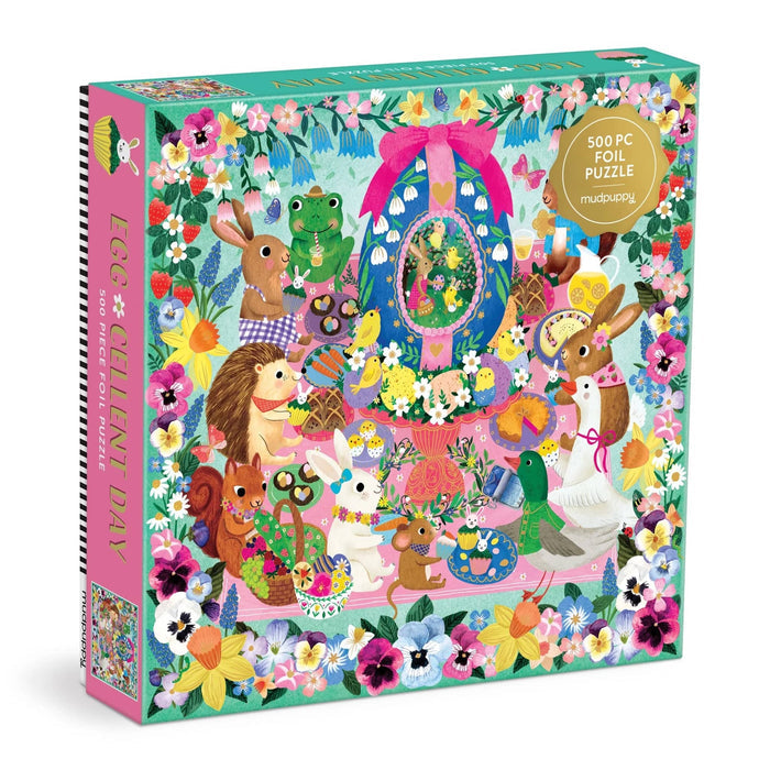 500 piece egg-cellent day foil jigsaw puzzle in box packaging, front angle view, on a white background.