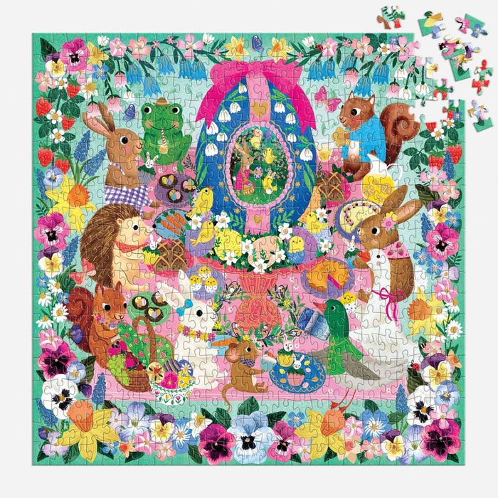 Colorful puzzle with Easter-themed illustrations of bunnies, eggs, and flowers.
