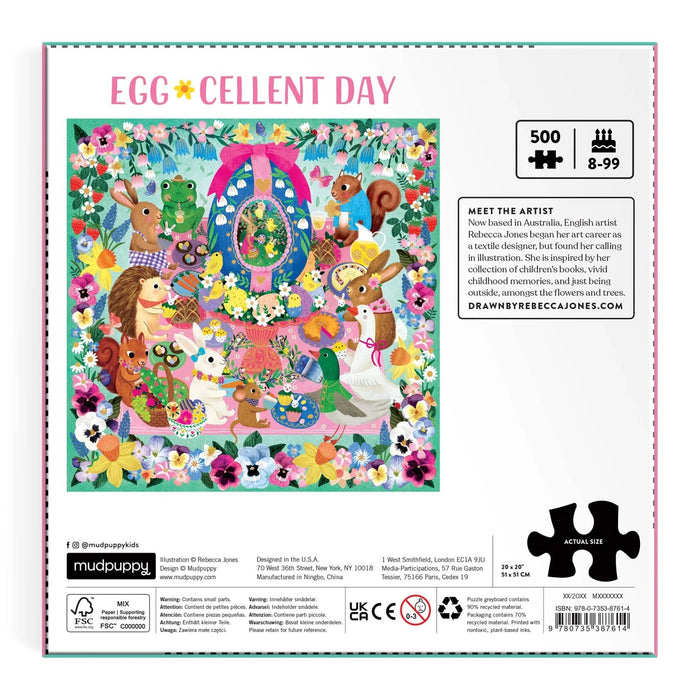 500 piece egg-cellent day foil jigsaw puzzle in box packaging, back view, on a white background.