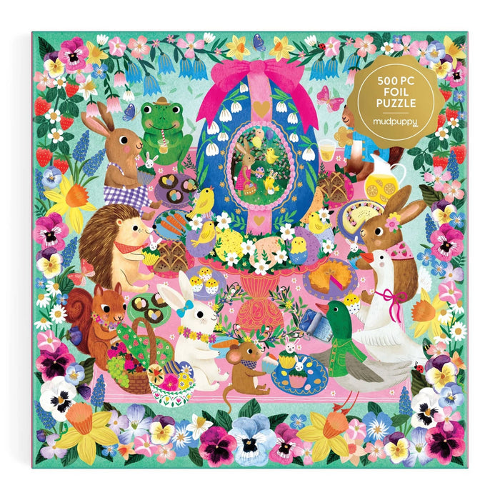 500 piece egg-cellent day foil jigsaw puzzle in box packaging, front view, on a white background.