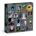 A 500-piece jigsaw puzzle box titled 'Spooky Portraits'. The box features a dark purple gothic pattern background decorated with various illustrated portraits of famous horror movie characters in gold, green, and black frames.