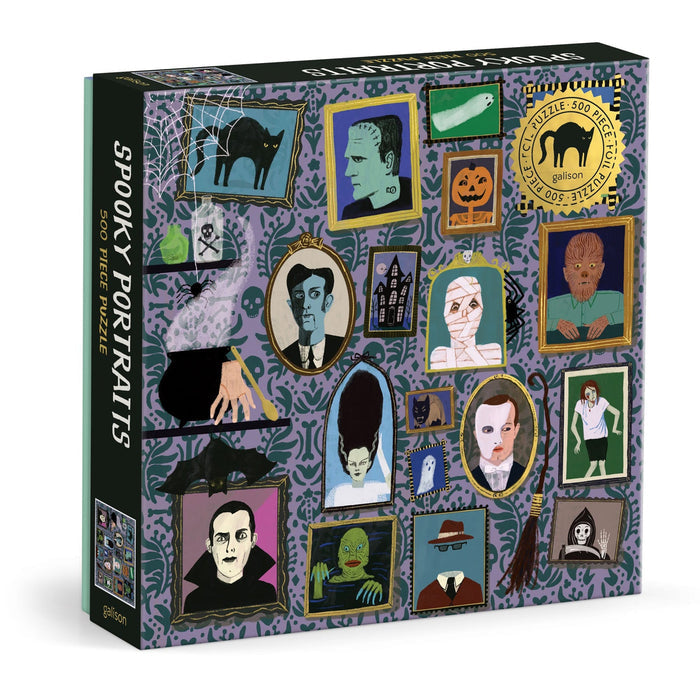 A 500-piece jigsaw puzzle box titled 'Spooky Portraits'. The box features a dark purple gothic pattern background decorated with various illustrated portraits of famous horror movie characters in gold, green, and black frames.
