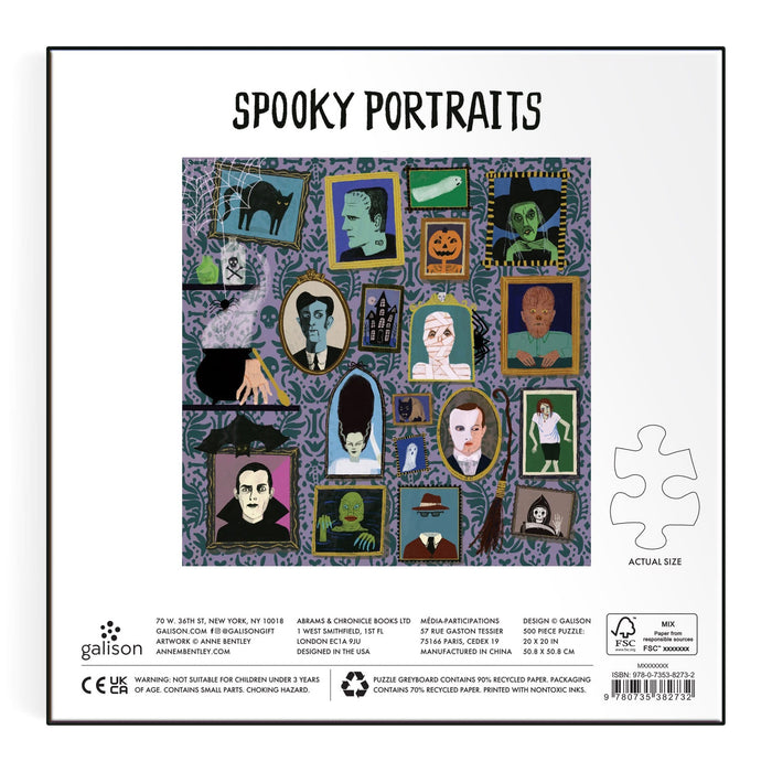 Spooky Portraits puzzle packaging with illustrations of various spooky characters on a patterned background.