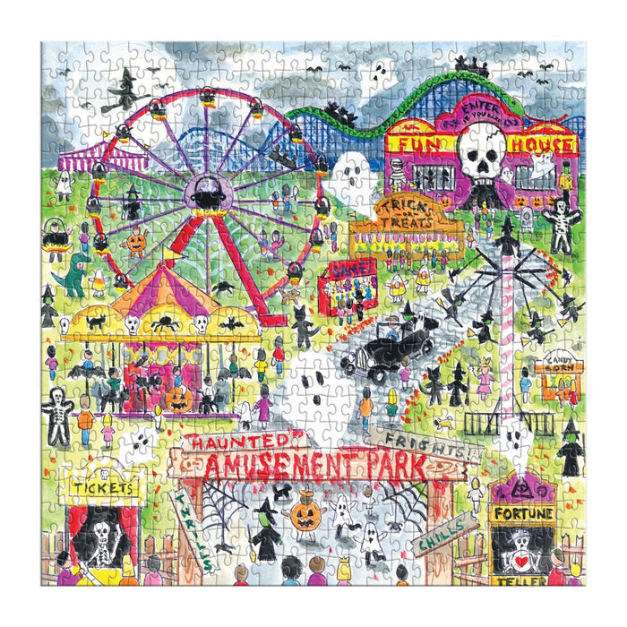 Colorful illustration of a haunted amusement park with various attractions and spooky elements.
