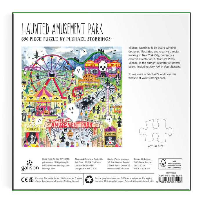 Back of a 'Haunted Amusement Park' 500-piece jigsaw puzzle box by Michael Storring's, showing the full illustrated puzzle design, product description text, and puzzle piece size information on a white background.