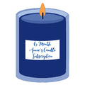 Illustration of a blue candle with a white label that says "6 month annie's candle subscription".