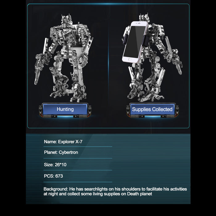 673PCS+ Explorer Mecha X-7 3D Metal Assembly DIY Kit Phone Holder 2-in-1
