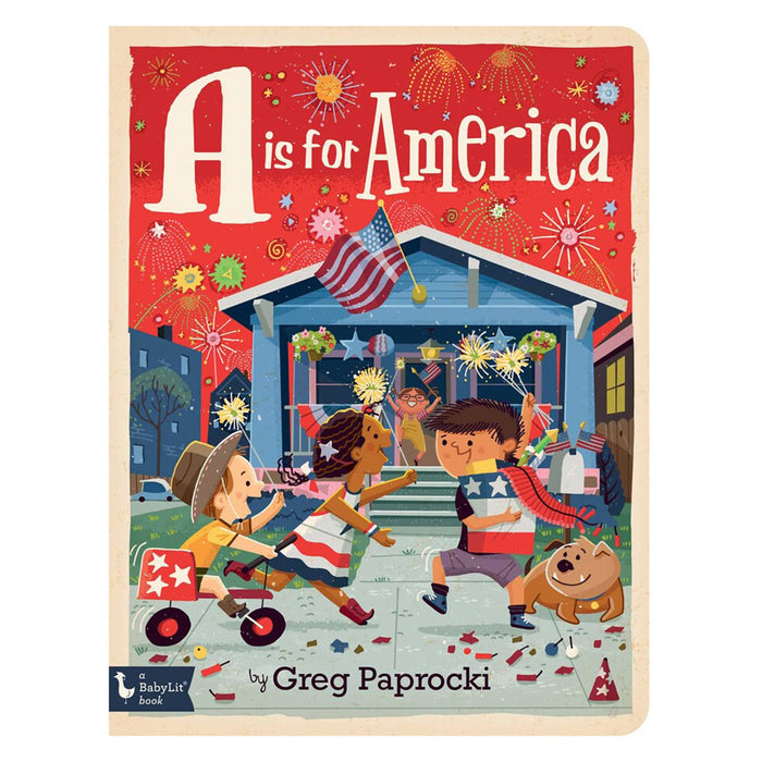 Book cover of 'A is for America' with children and an American flag.