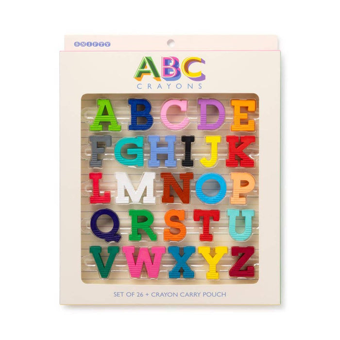 A package of ABC Crayons alphabet set, featuring 26 colorful textured letter crayons arranged in a grid inside a cream-colored cardboard holder with a clear window.