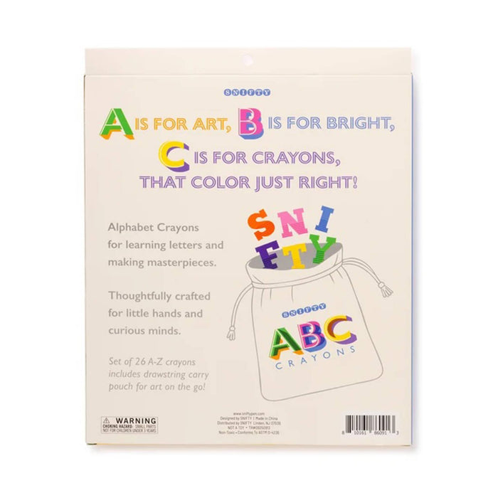 Alphabet Crayons packaging card showing the set's theme with colorful text and a drawing of a drawstring pouch labeled 'ABC CRAYONS' on a white background.