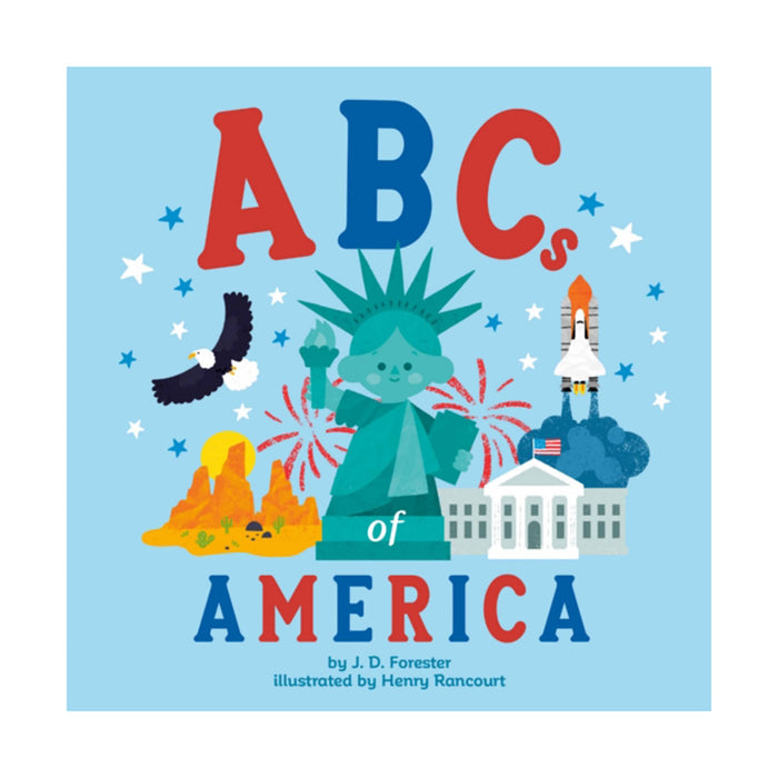 Book cover of 'ABCs of America' with colorful illustrations on a blue background.