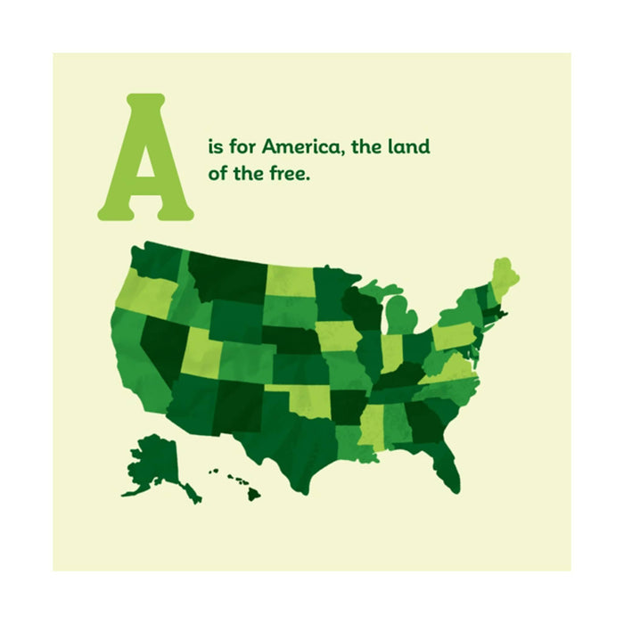 Map of the United States in green with text 'A is for America, the land of the free' on a beige background.