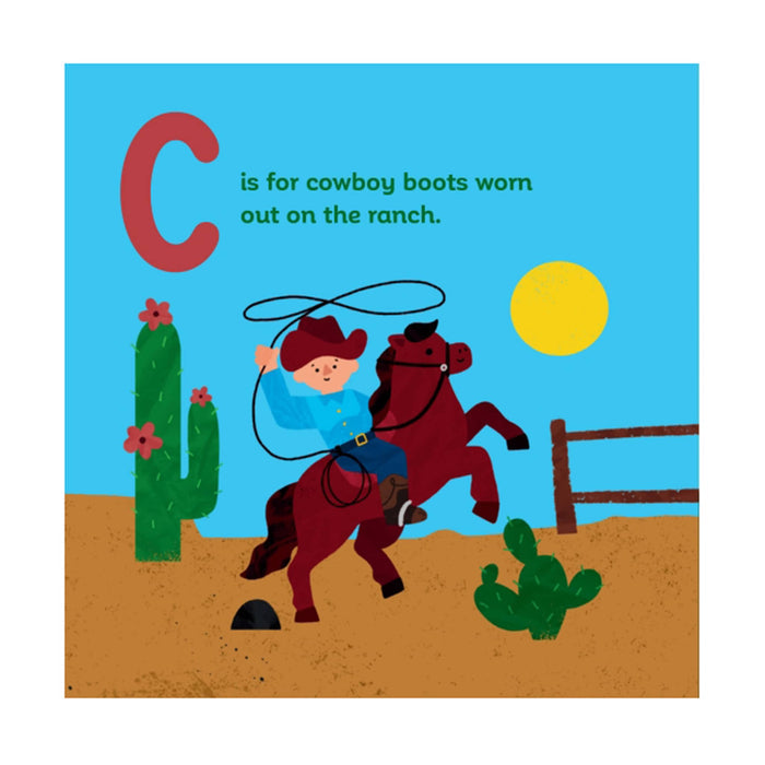 Illustration of a cowboy on a horse with text 'C is for cowboy boots worn out on the ranch' against a blue sky.