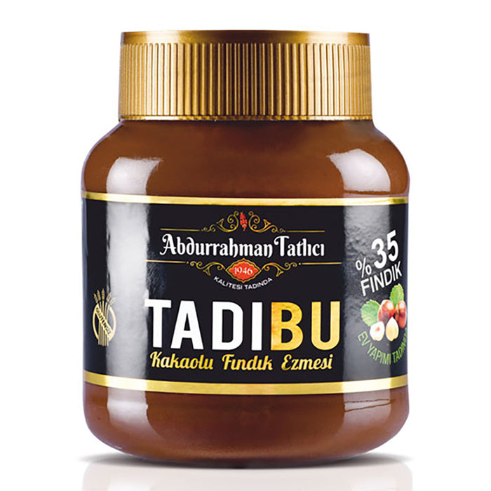 Abdurrahman Tatlıcı Tadibu Cacao Hazelnut Spread brings the rich taste of roasted hazelnuts together with smooth cacao for a classic Turkish-style breakfast favorite.