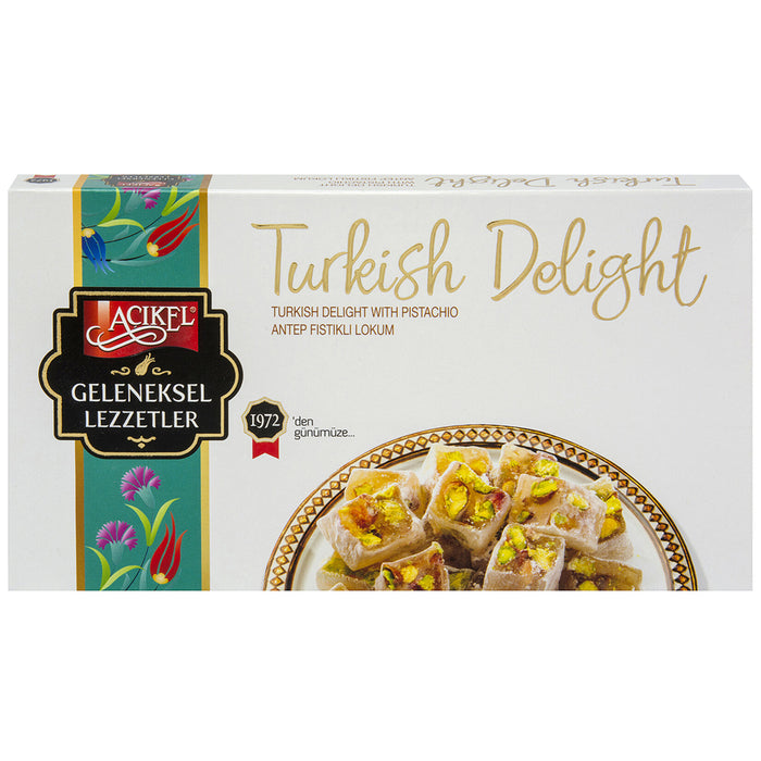 Açıkel Antep Fıstıklı Lokum is a classic Turkish Delight with Pistachio, crafted with 12% premium Antep pistachios for a rich, nutty flavor in every bite.
