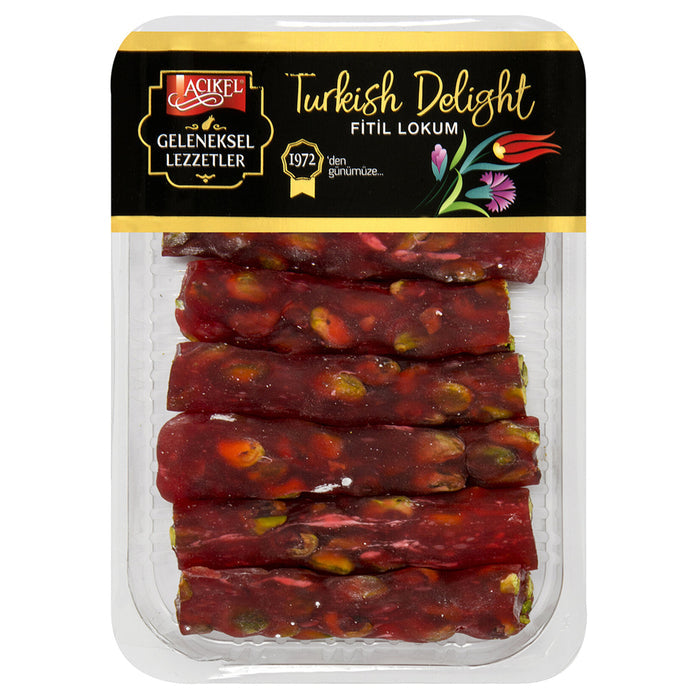 Acikel Pomegranate Flavored Pistachio String Turkish Delight brings together the fruity brightness of pomegranate and the rich crunch of premium pistachios in a soft, chewy lokum experience.