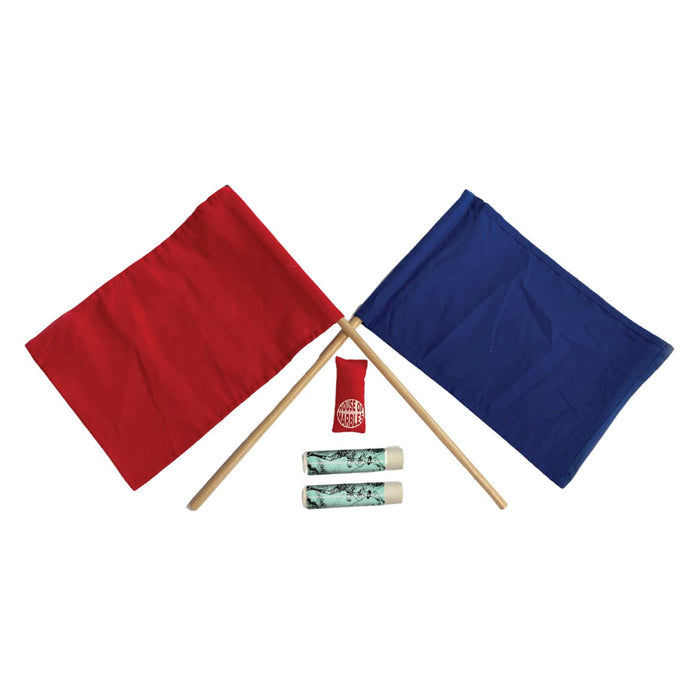 Red and blue flags with sticks and green cylindrical objects on a white background.