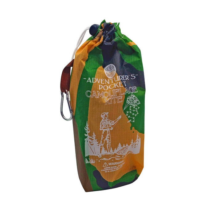 Camouflage kite in a matching drawstring bag with branding on a white background.