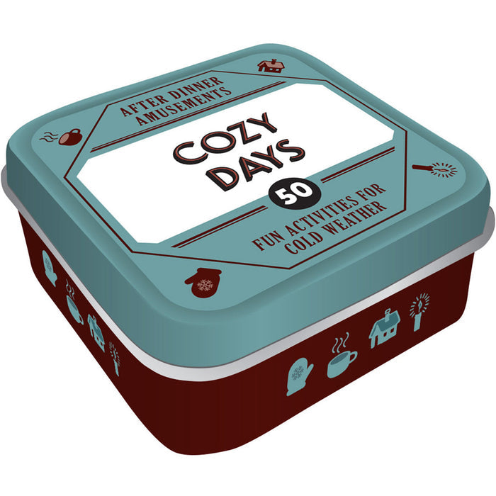 Container labeled 'Cozy Days' with text about fun activities for cold weather on a white background