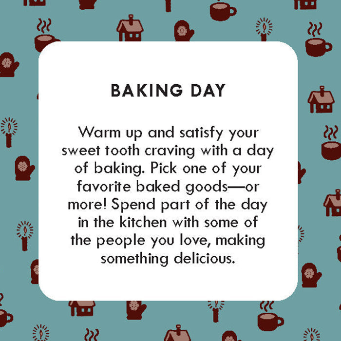 A digital graphic with a teal background patterned with dark red baking-themed icons (muffins, coffee cups, houses, and gloves) surrounding a large white rounded rectangle. Inside the white box, the text reads 'BAKING DAY' followed by a warm, inviting message about baking.